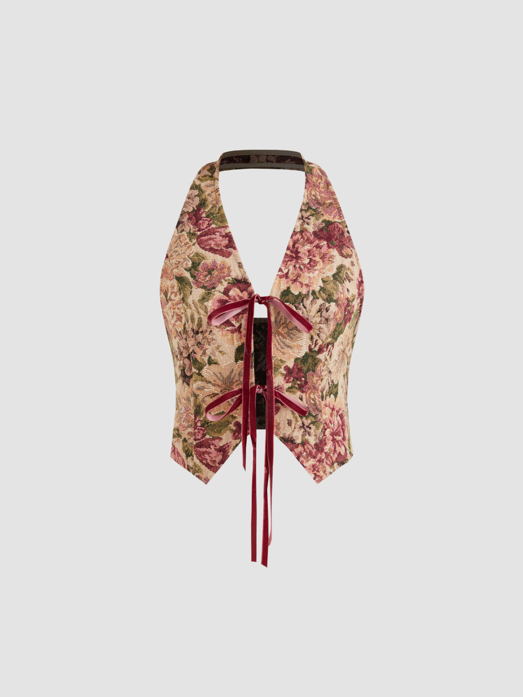 V-neck Floral Tie Front Bow Crop Tank Top