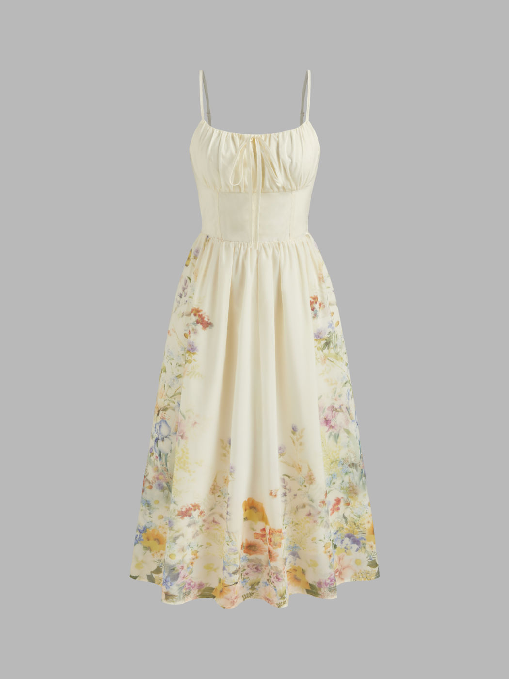 Square Neck Floral Shirred Midi Dress