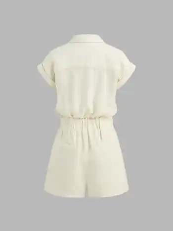 Tweed-Polo-Romper mit elastischem Bund und aufrollbaren Ärmeln