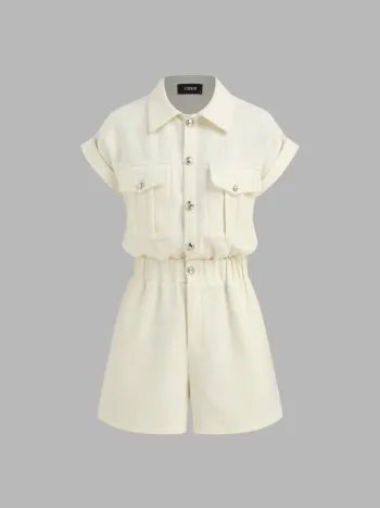 Tweed-Polo-Romper mit elastischem Bund und aufrollbaren Ärmeln