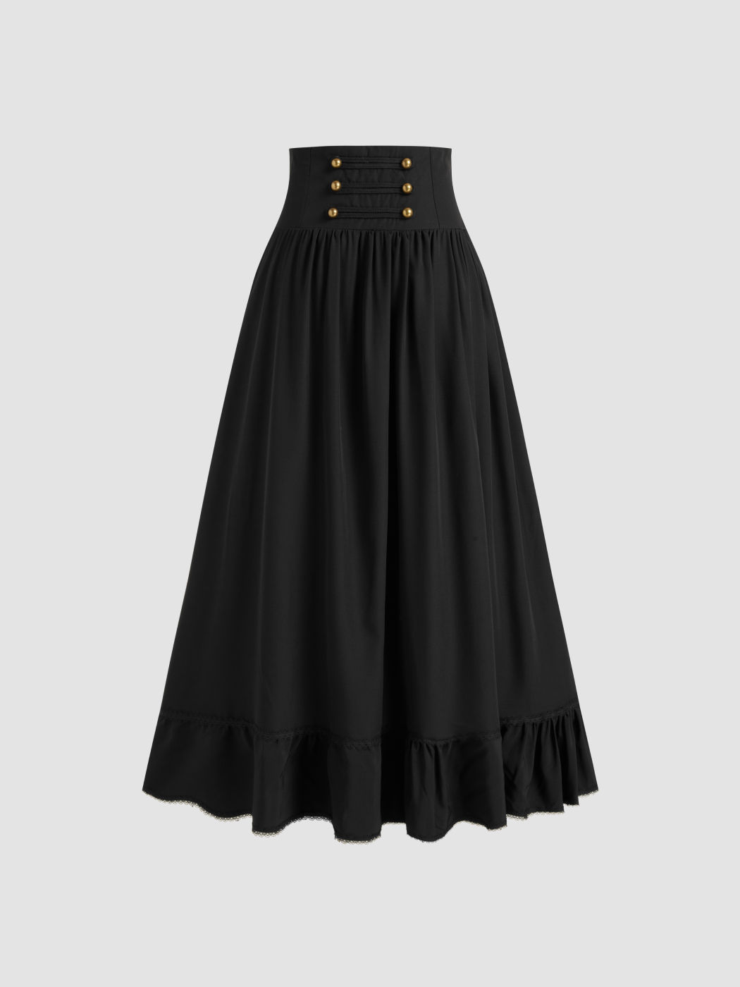 Mid Rise Solid Button Lace Up Ruffle Maxi Skirt