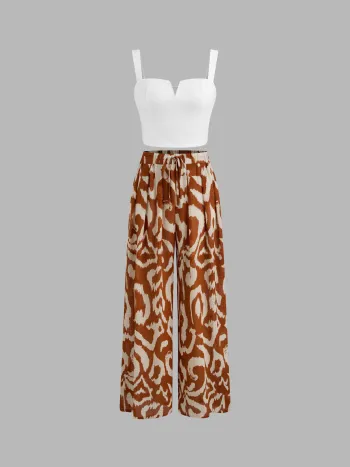 Quadratischer Hals, einfarbiges Crop-Tank-Top mit hoch angesetzten, abstrakt geknoteten Breitbein-Hosen