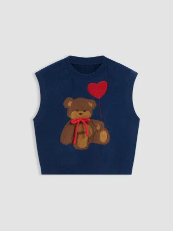 Knitted Round Neckline Bowknot Bear Vest