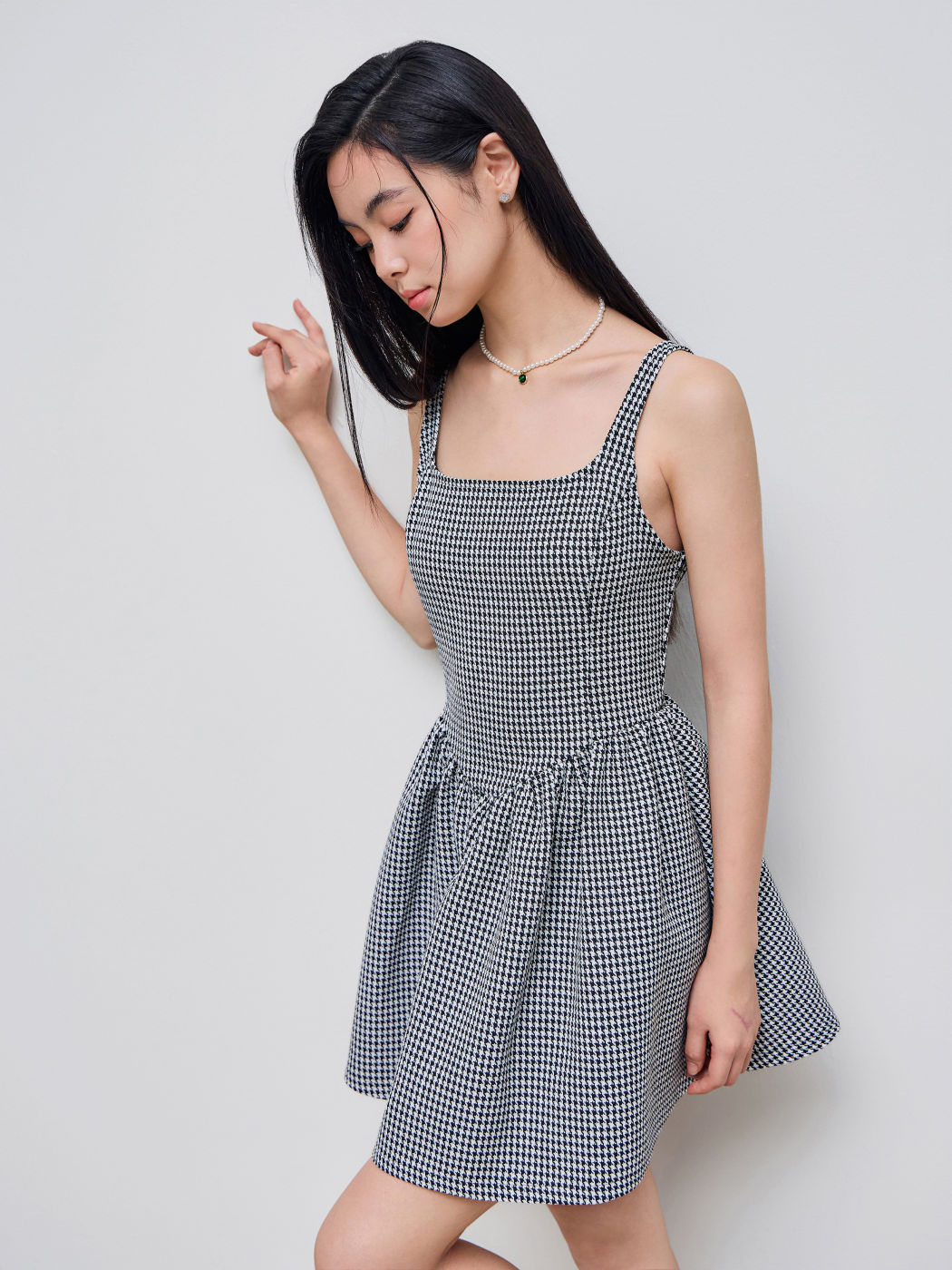 Tweed Square Neck Houndstooth Zipper Mini Dress