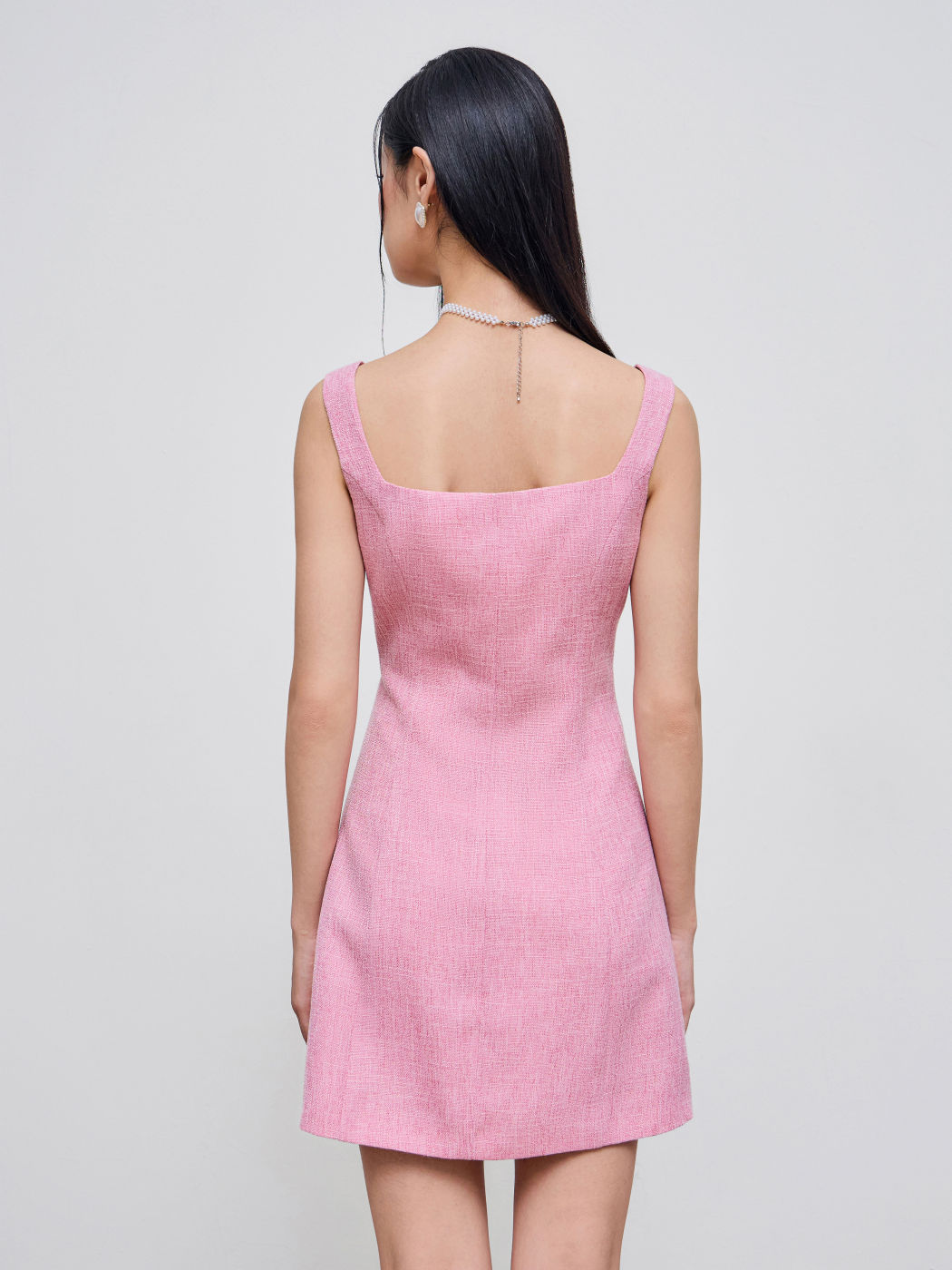 Tweed Square Neck Solid Button Pocket Mini Dress