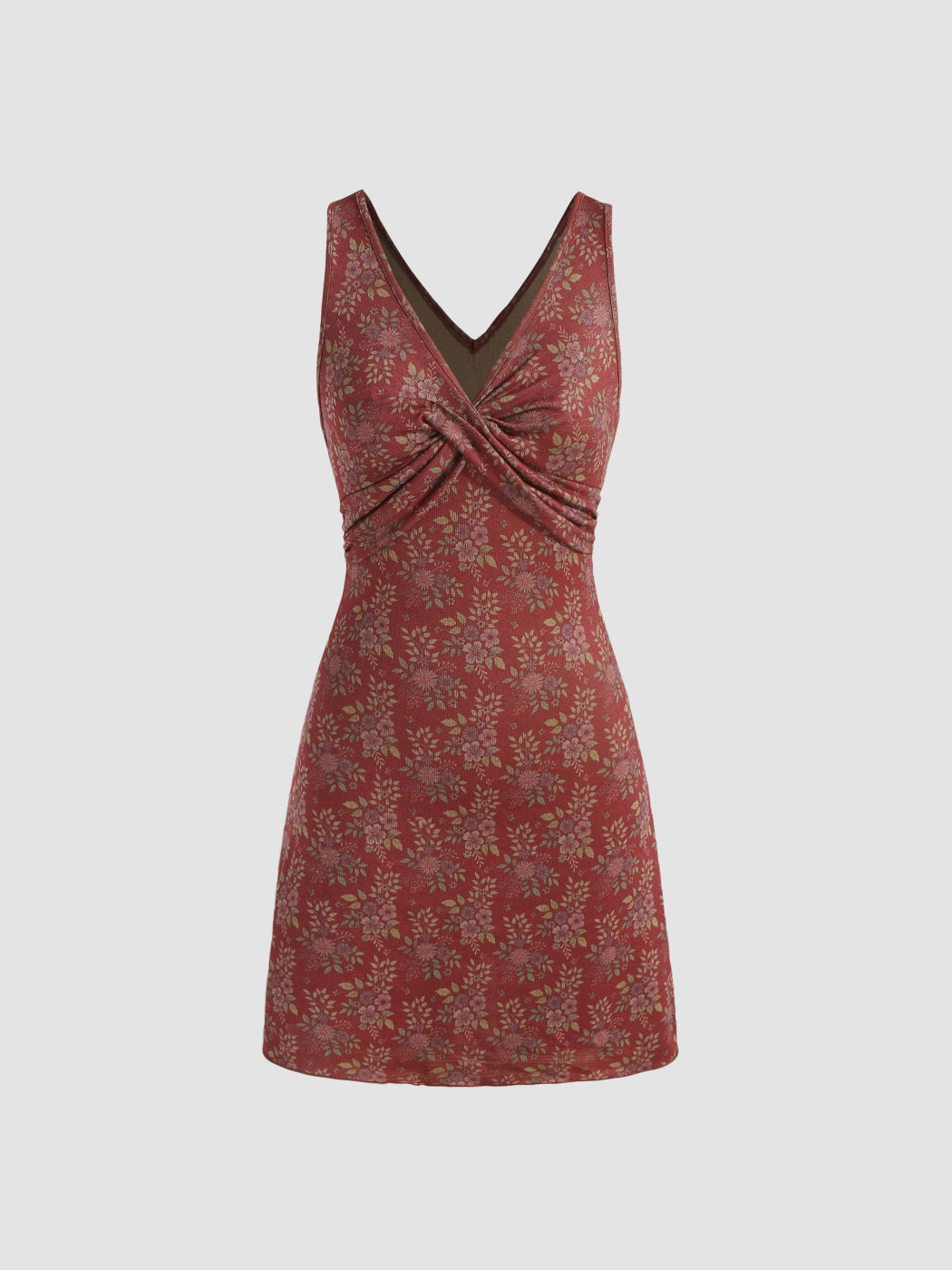 Knit V-neck Floral Twist Mini Dress