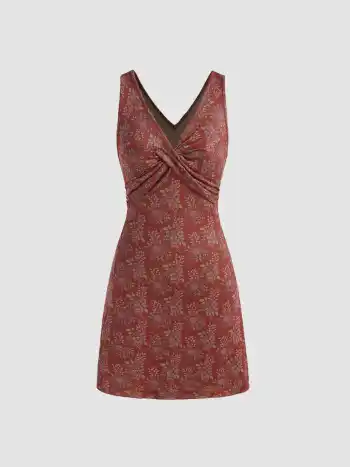 Mini abito a torsione floreale con scollo a V in maglia