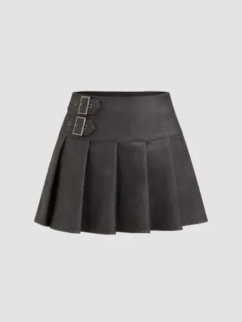 Faux Leather Mid Rise Solid Pleated Double Belted Mini Skort