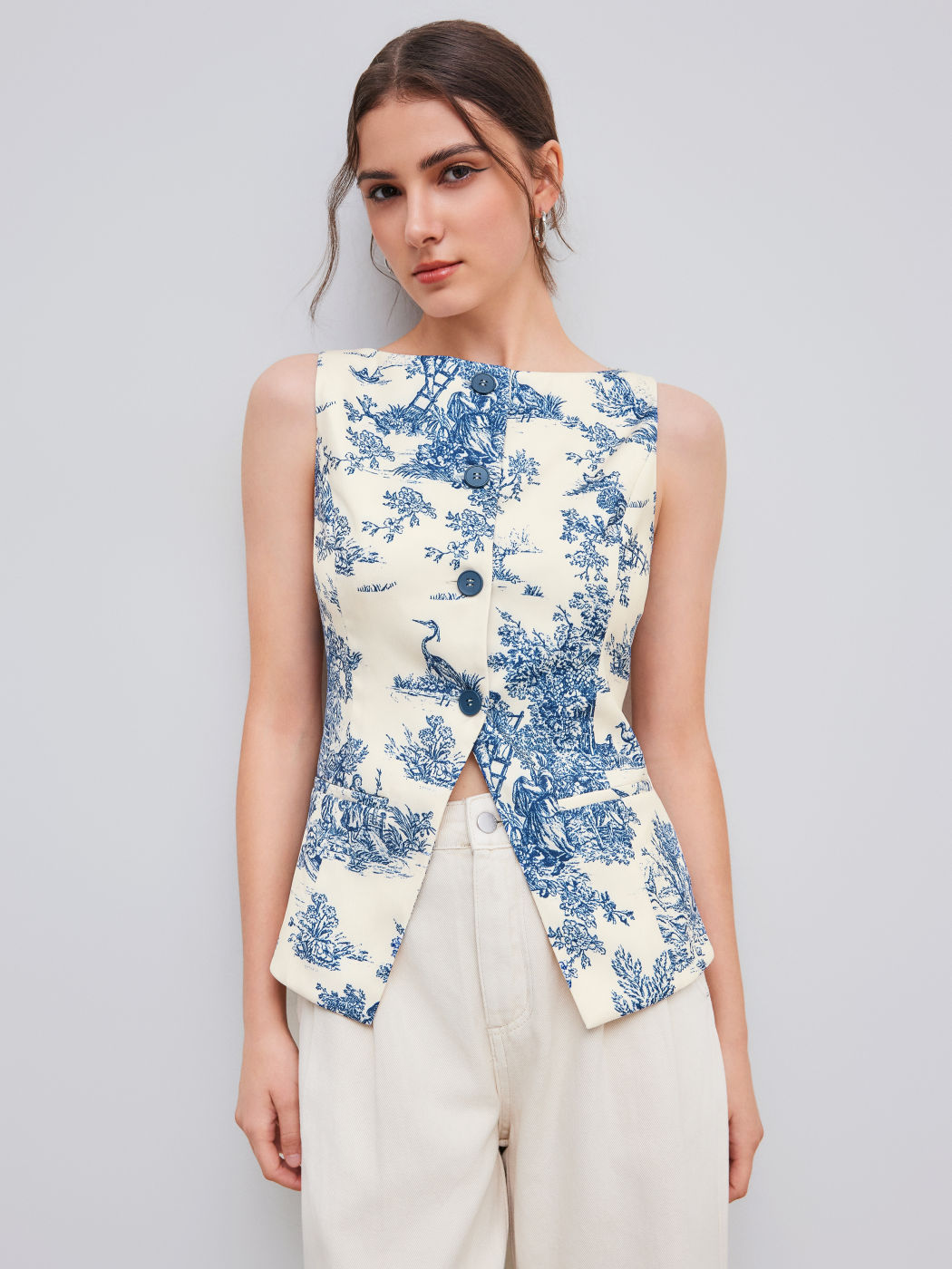 Boat Neck Toile De Jouy Waistcoat