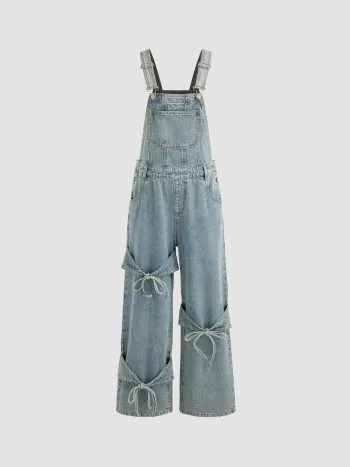 Denim-Overall mit Schleife, Schnalle und Taschen, Breitbein