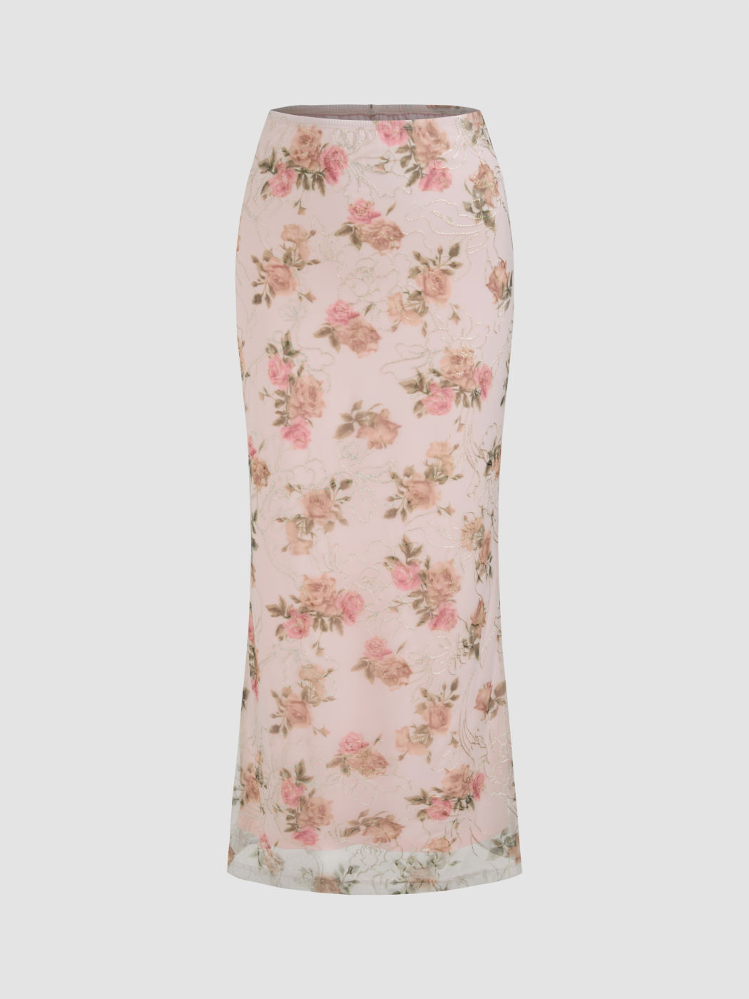 Mesh Mid Rise Floral Maxi Skirt