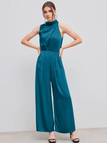 Satin High Neck Solid Zipper Pleated Wide Leg Jumpsuit