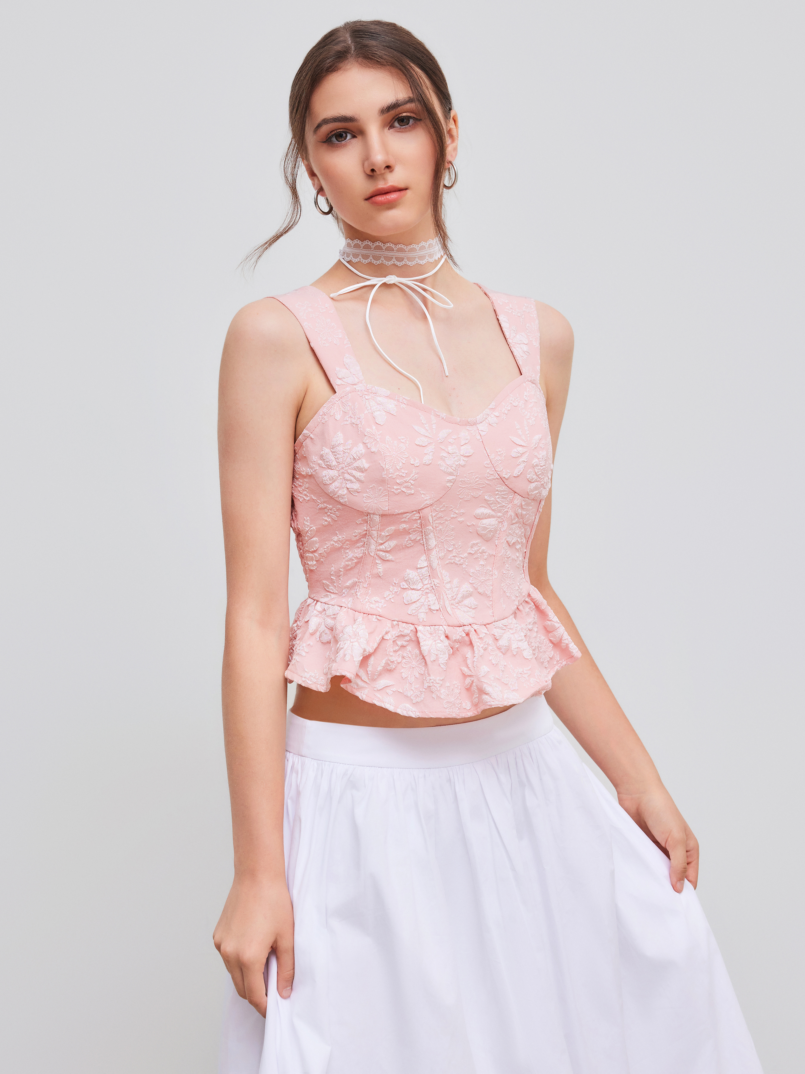 Jacquard Sweetheart Neckline Corset Shirred Ruffle Hem Crop Tank Top