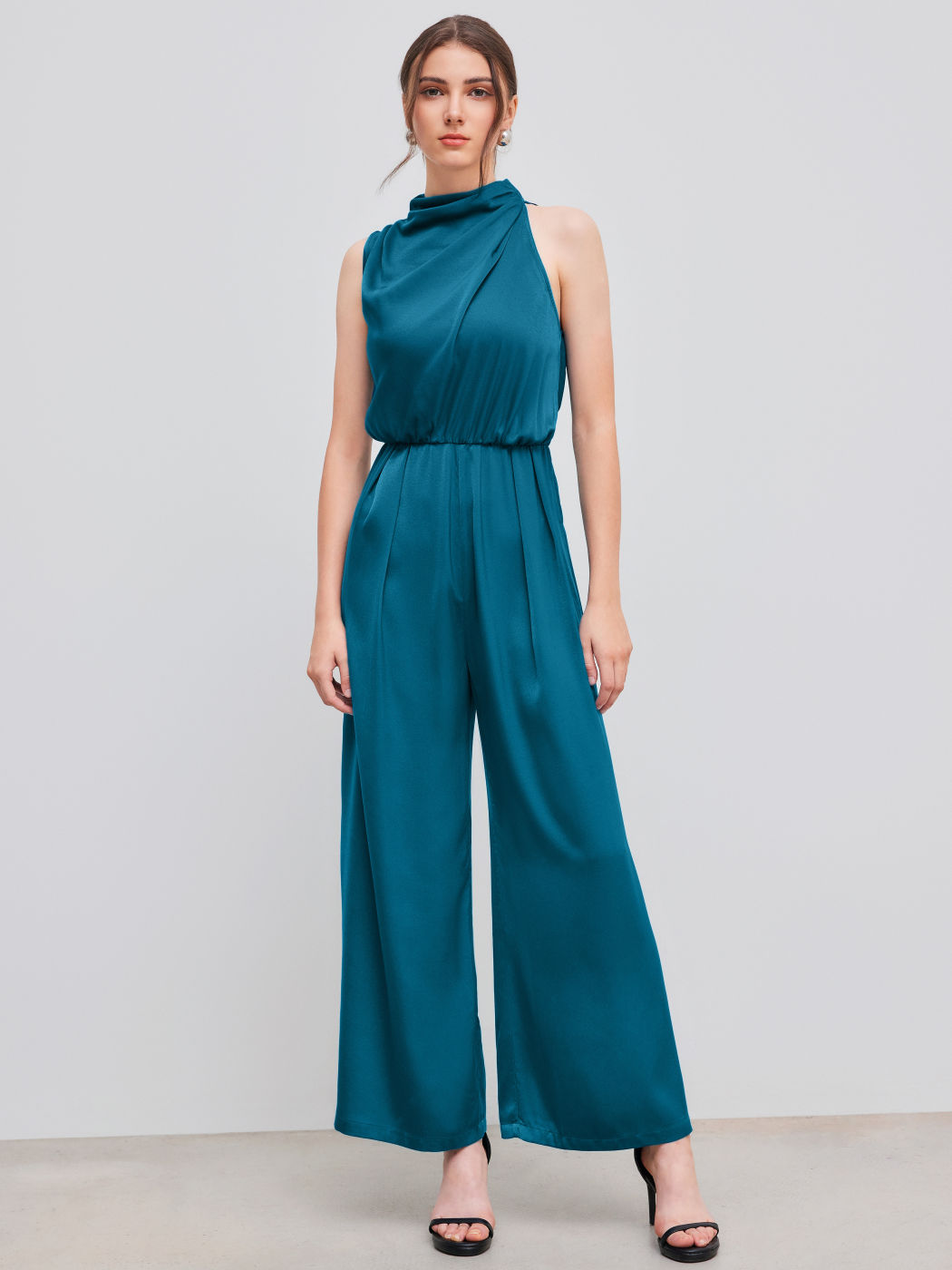 Satin High Neck Solid Zipper Pleated Wide Leg Jumpsuit