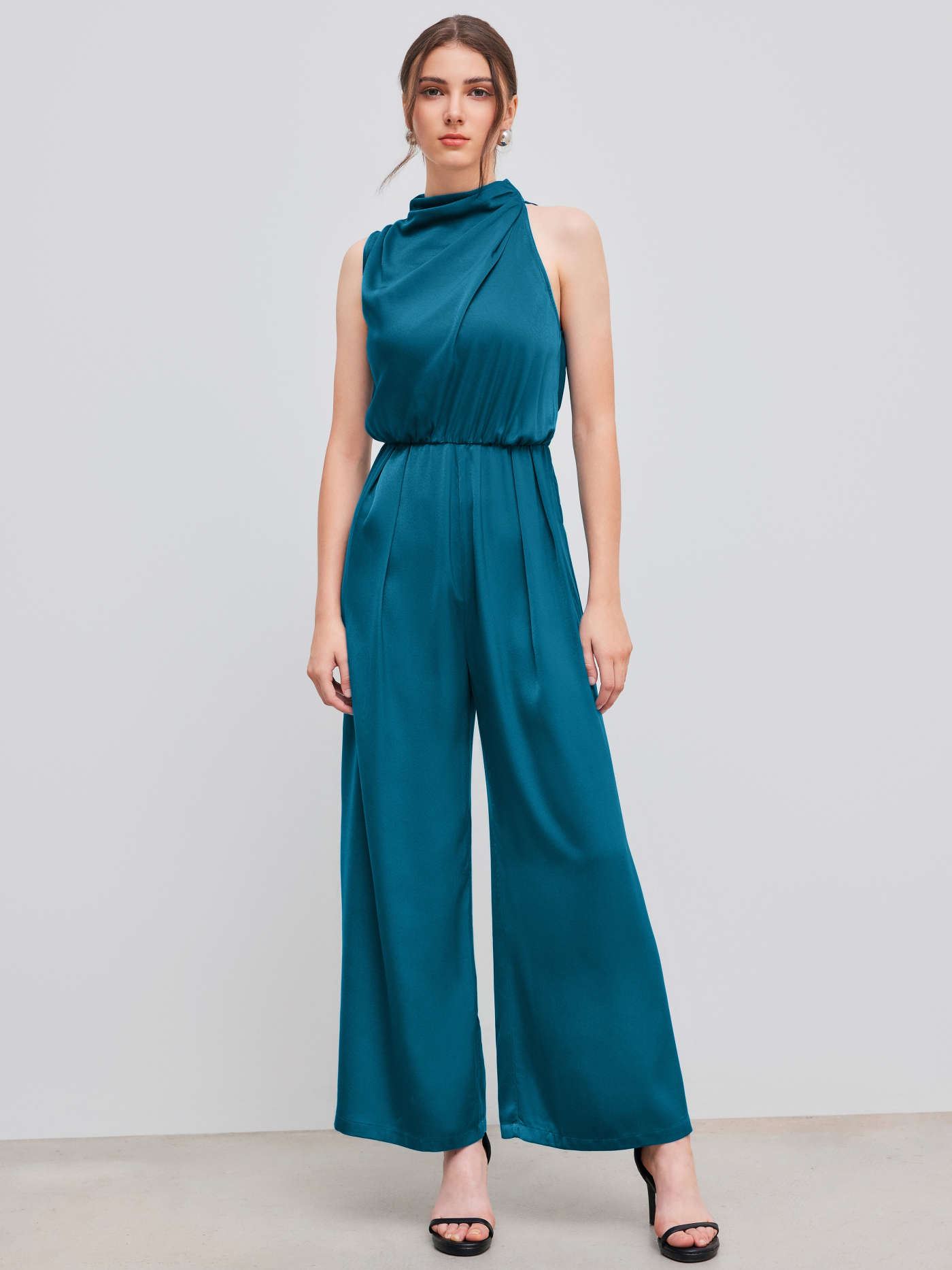 Satin High Neck Solid Zipper Pleated Wide Leg Jumpsuit