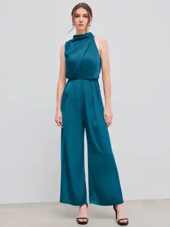 Satin High Neck Solid Zipper Pleated Wide Leg Jumpsuit