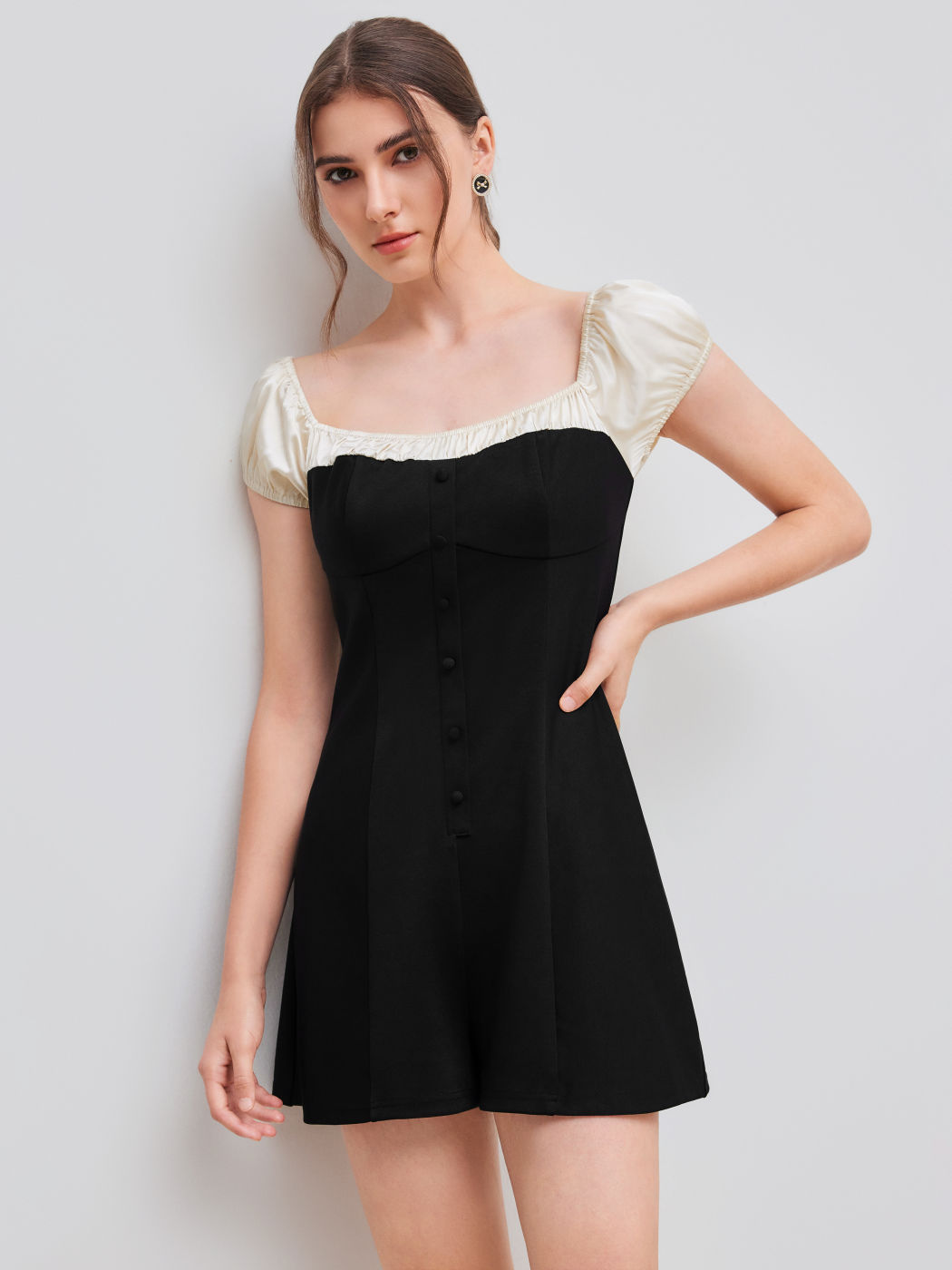 Square Neck Solid Two Tone Romper