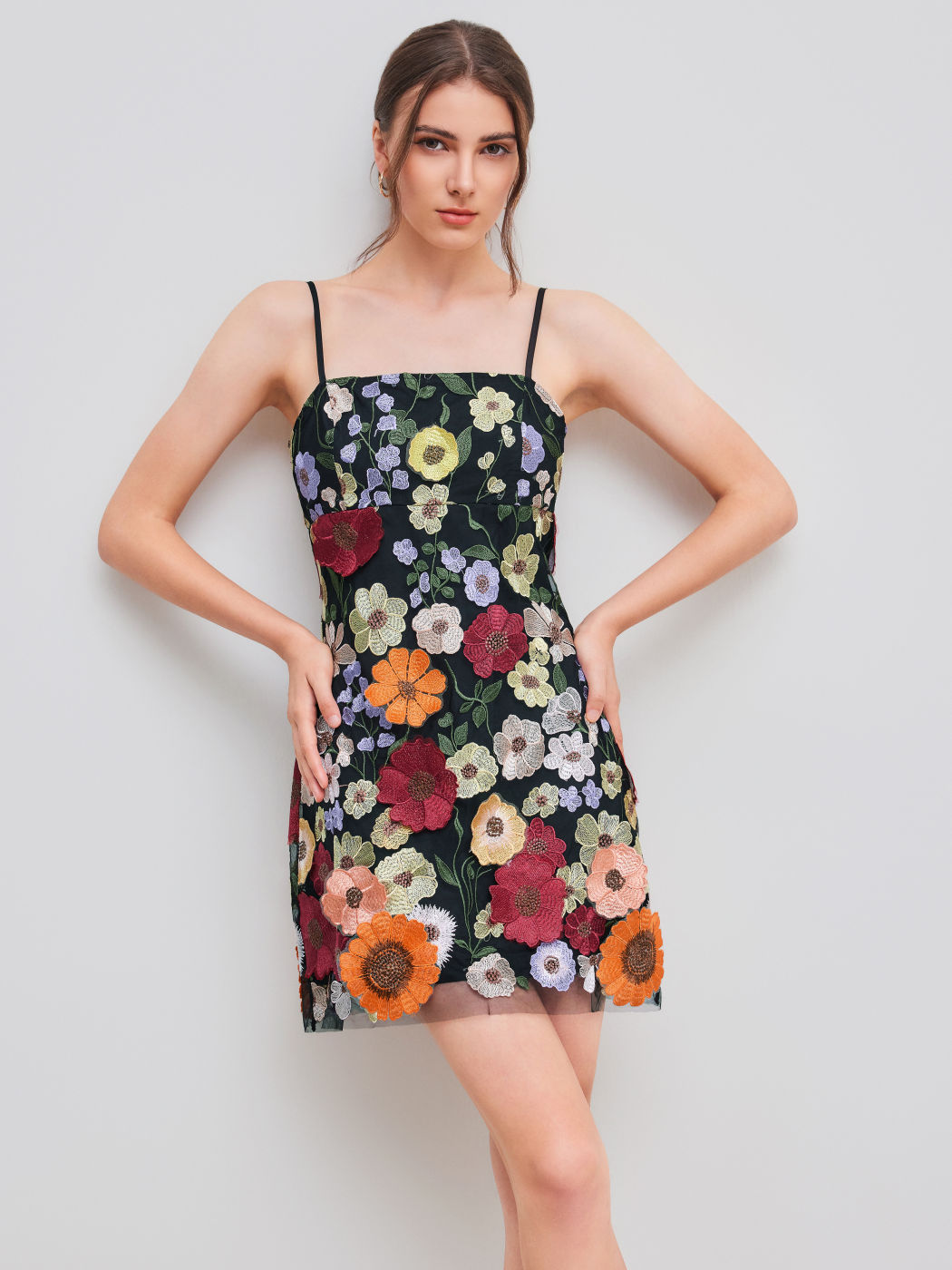 Jacquard Square Neck Colorful Floral Embroidery Mini Dress
