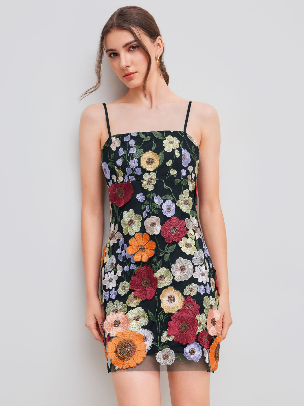 Jacquard Square Neck Colorful Floral Embroidery Mini Dress