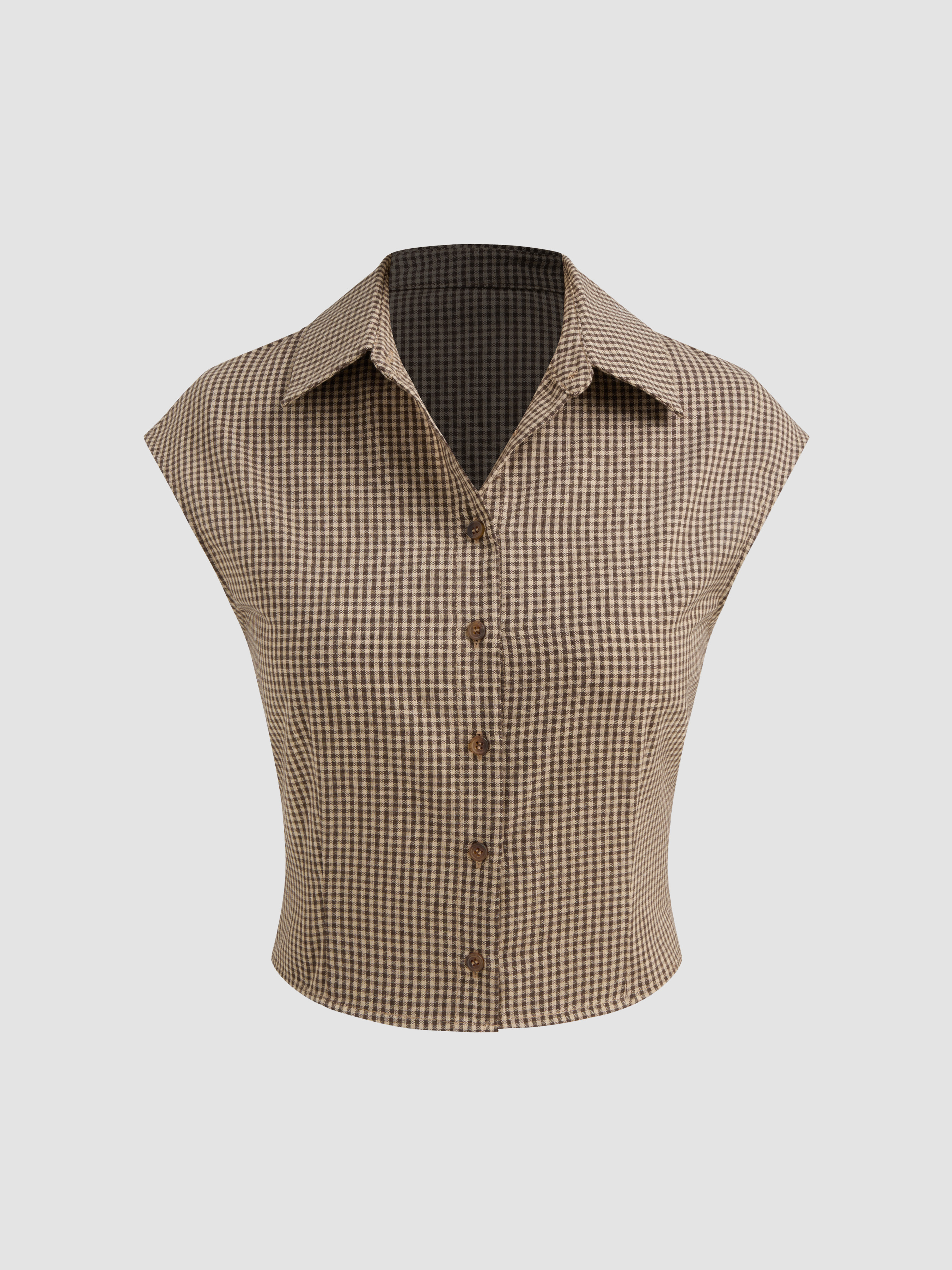 Woven Cotton-blend Collar Gingham Button Top For Work