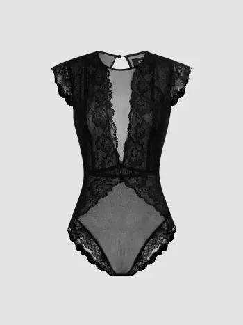 Spitzen Rundhals Solid Cut-Out Transparenter Body