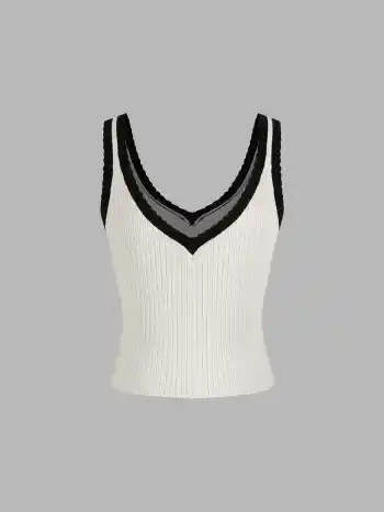 Knit U-neckline Contrasting Binding Bowknot Tank Top