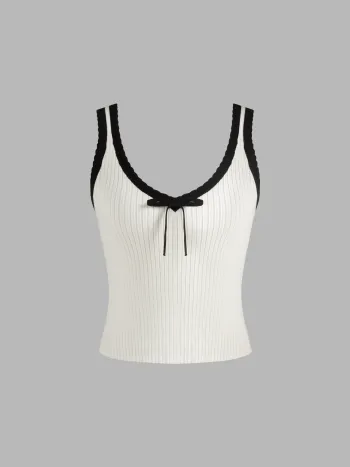 Knit U-neckline Contrasting Binding Bowknot Tank Top