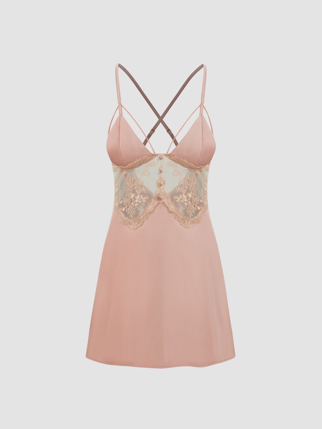 Satin V-neck Solid Embroidery Lace Criss Cross Mini Nightdress