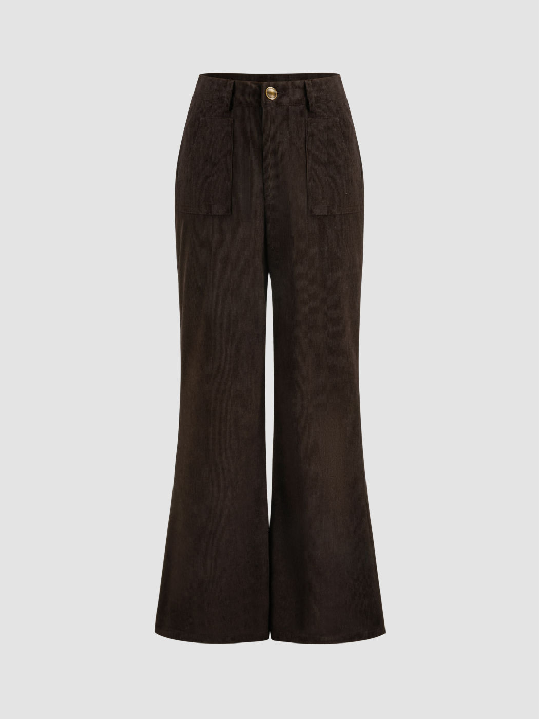 Corduroy Mid Rise Solid Button Pocket Flared Trousers
