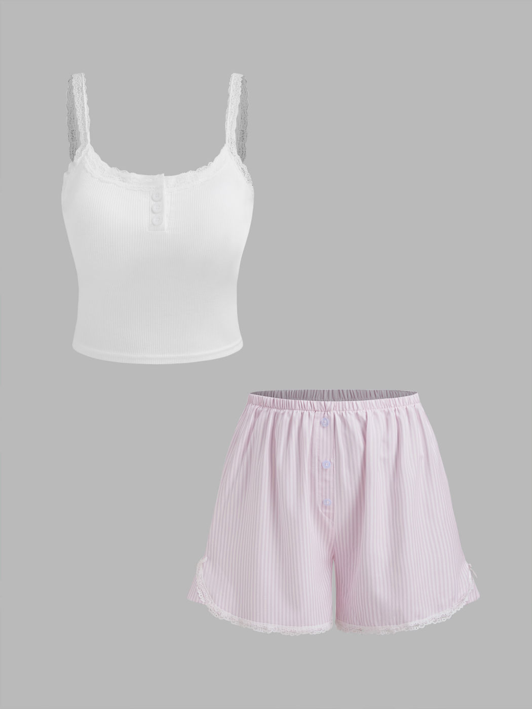 Scoop Neckline Solid Lace Trim Cami Top &  Mid Rise Striped Button Lace Trim Shorts Loungewear Set