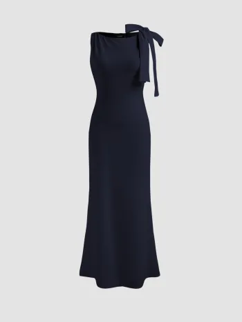 Boat Neck Solid Bowknot Maxi Dress