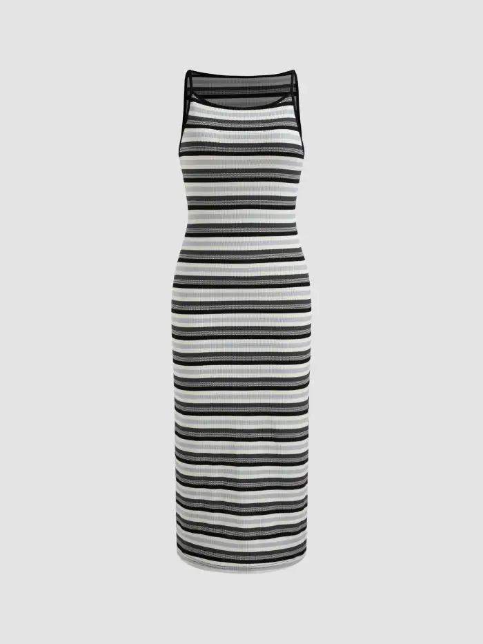 Knit Fabric U-neckline Striped Midi Dress For Daily Casual