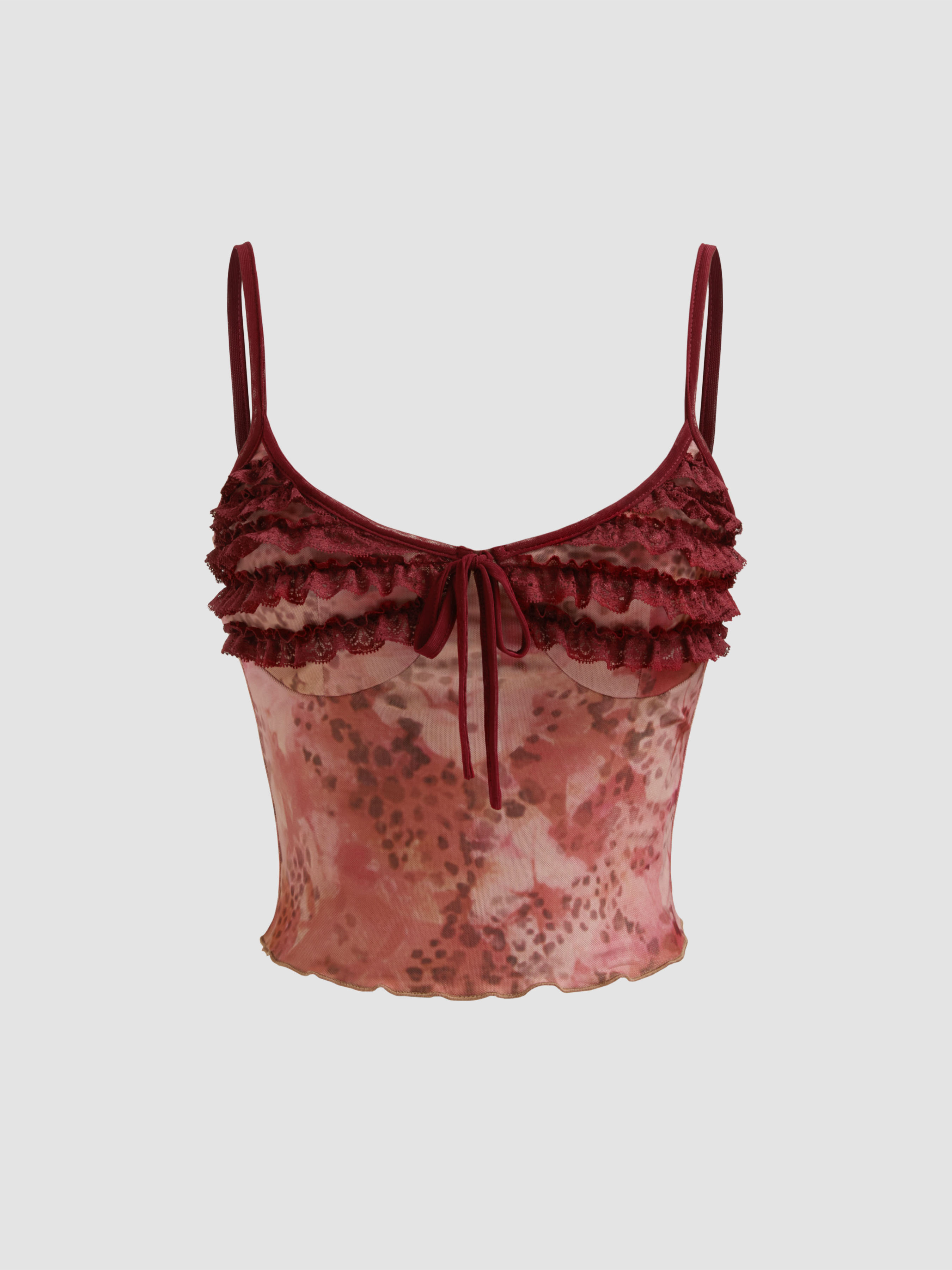 Mesh Mesh V-neck Floral Lace Lettuce Trim Knotted Cami Top For