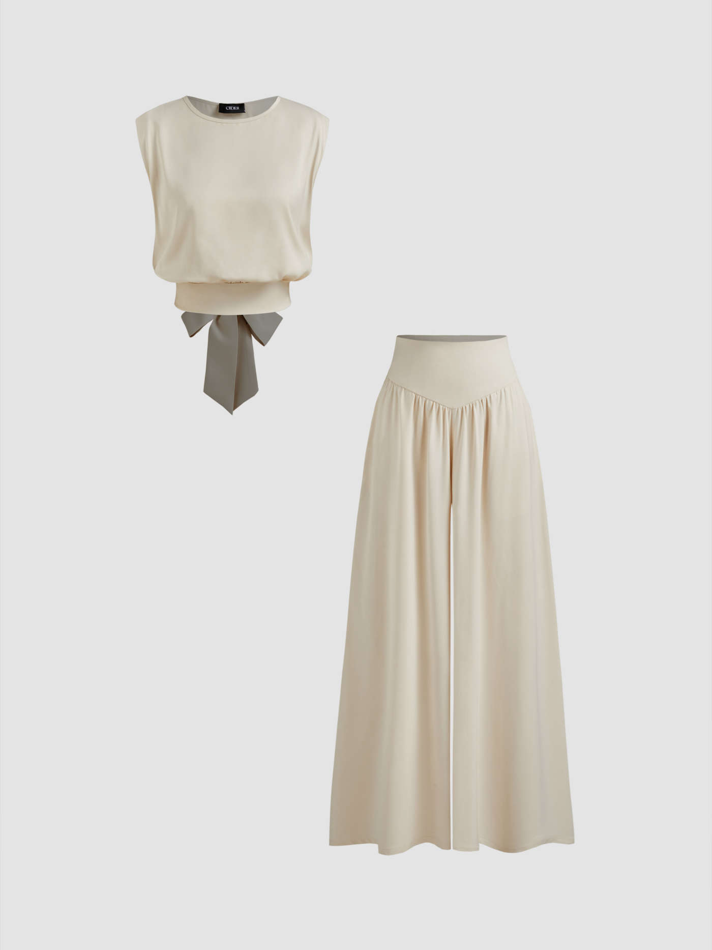 Satin Round Neckline Solid Knotted Top & Mid Rise Pocket Wide Leg Trousers Set