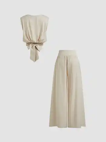 Satin Rundhals Einfarbig Gebundenes Oberteil & Mittelhohe Taschen Weite Beine Hosen Set