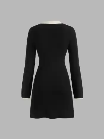 Strickkleid mit V-Ausschnitt, einfarbigem Grund und kontrastierenden Borten, langärmlig, Mini