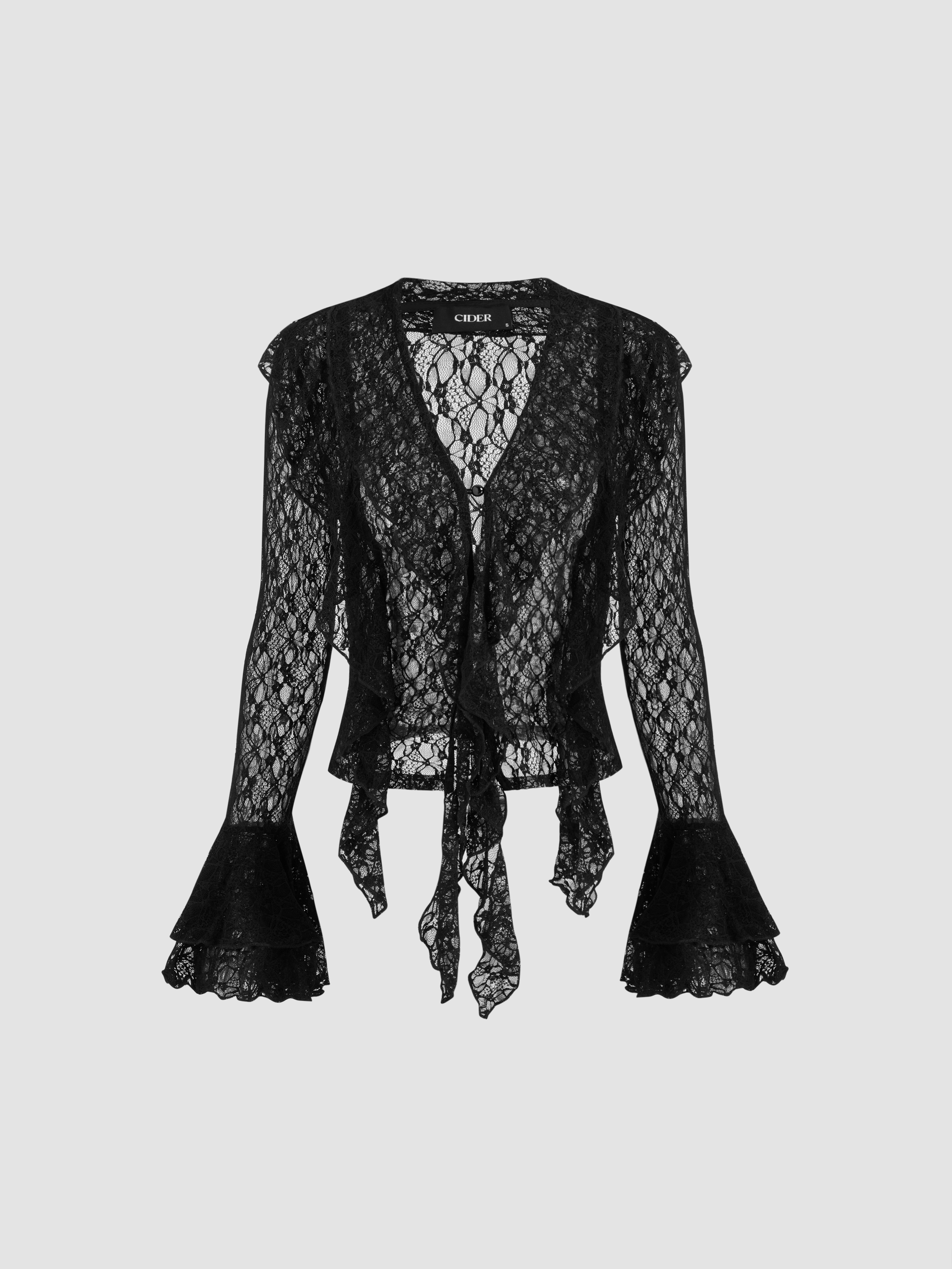 Lace Lace V-neck Ruffle Hem See-through Long Sleeve Blouse