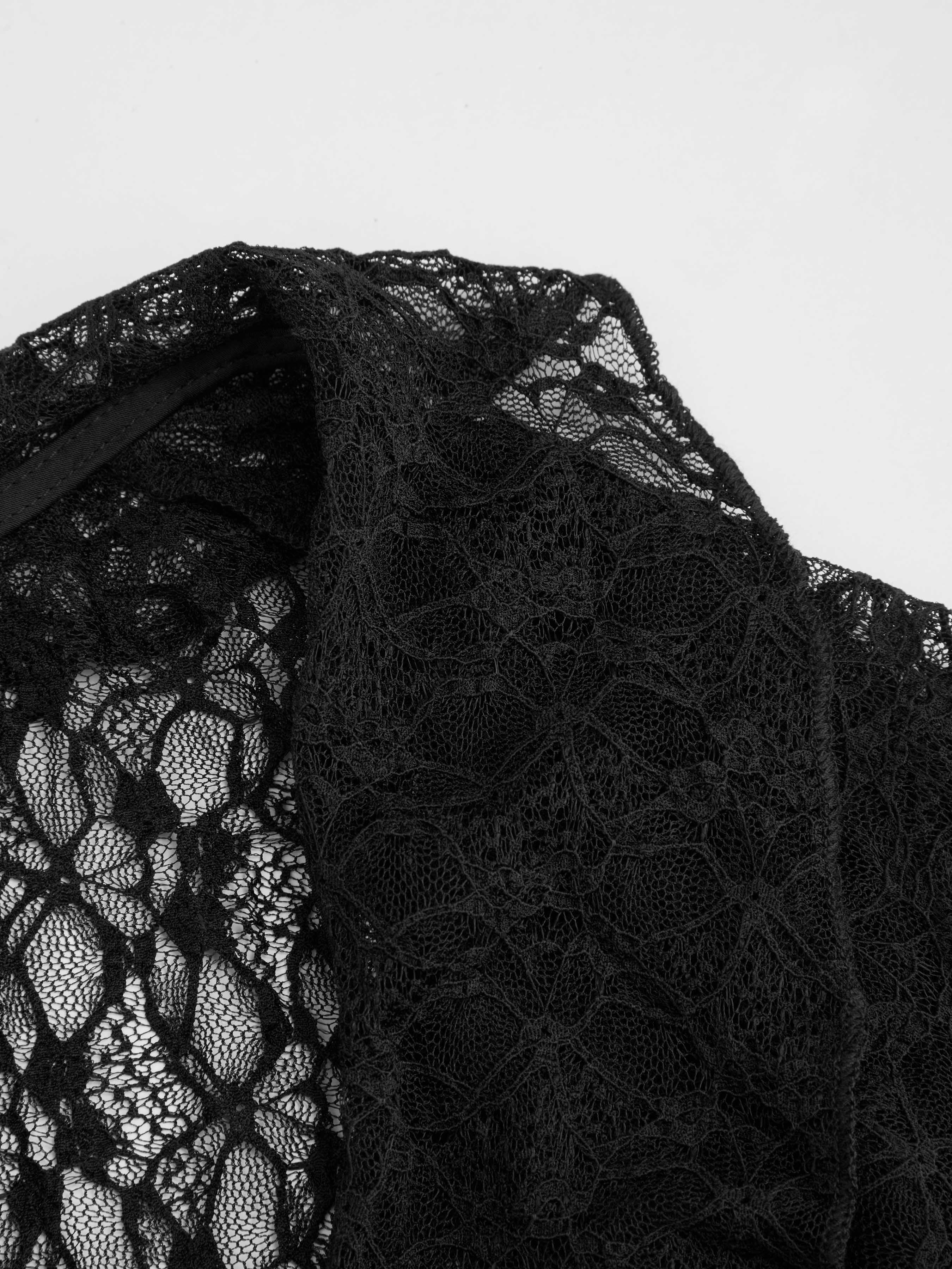 Lace Lace V-neck Ruffle Hem See-through Long Sleeve Blouse