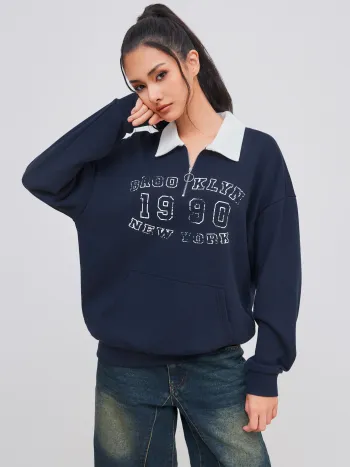 1990 Terry Polo Graphic Zipper Pocket Oversized Sweatshirt