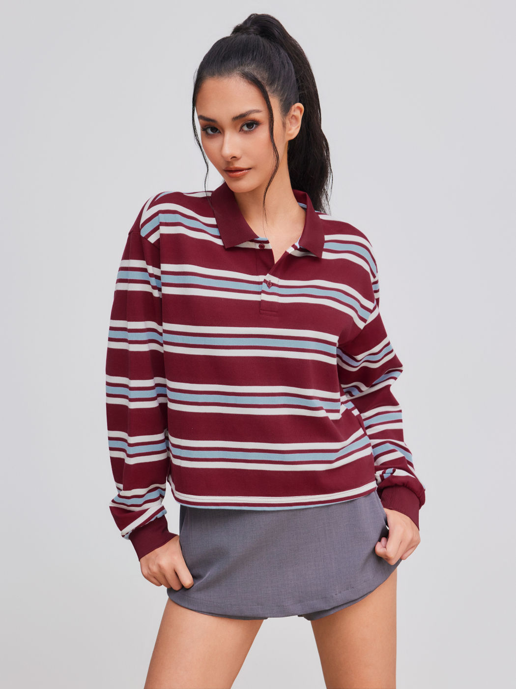 100% Baumwolle gestreifter Oversize-Poloshirt