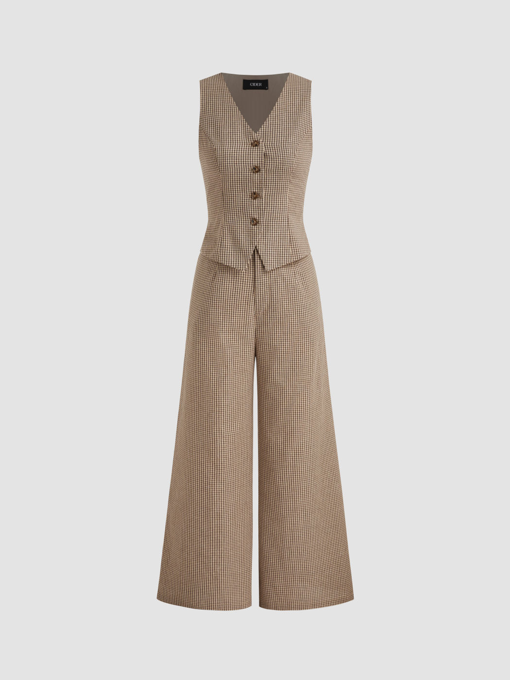 Cotton-blend V-neck Gingham Button Pocket Wide Leg Jumpsuit