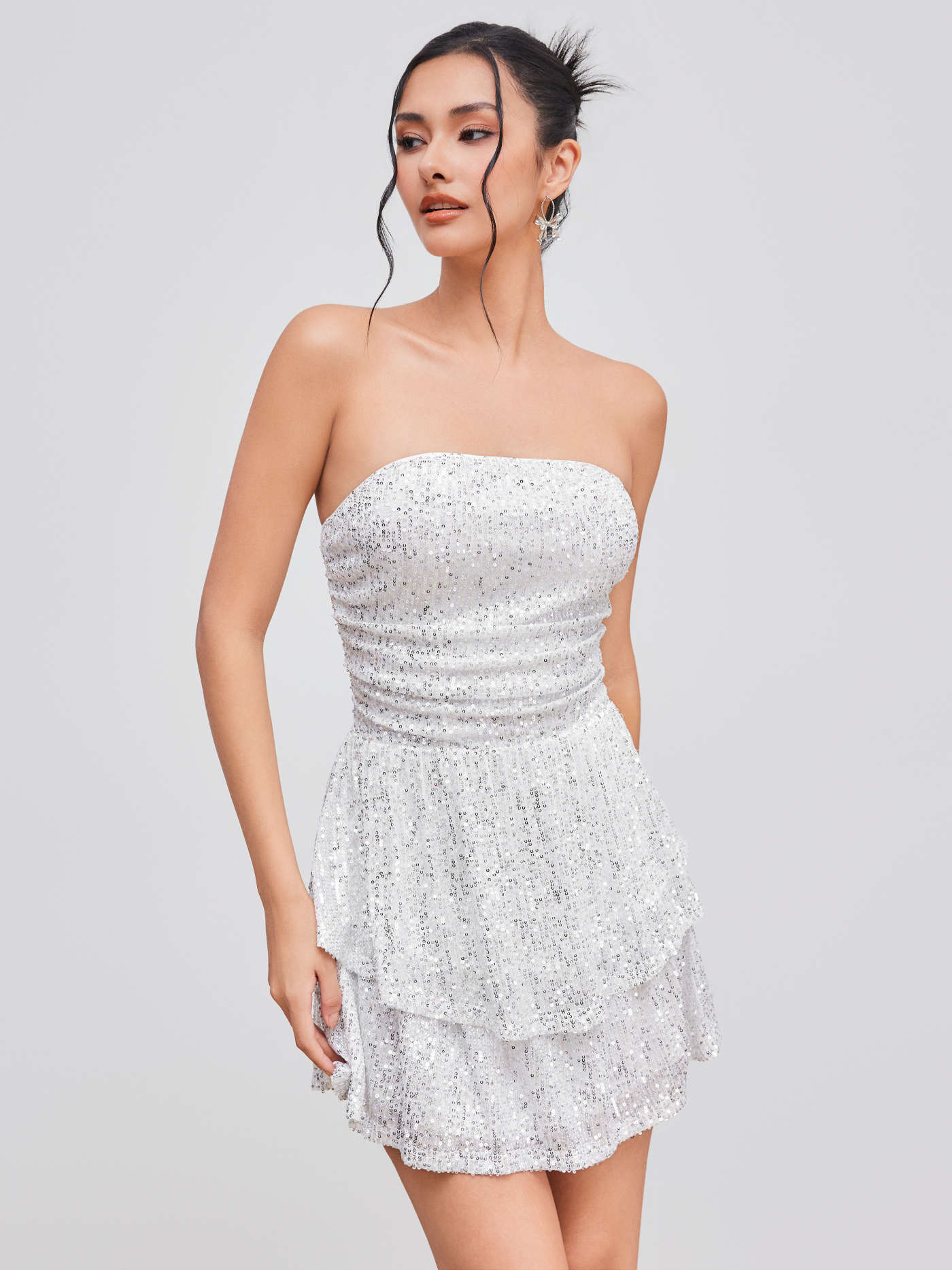 Sequin Square Neck Solid Layered Ruched Mini Dress