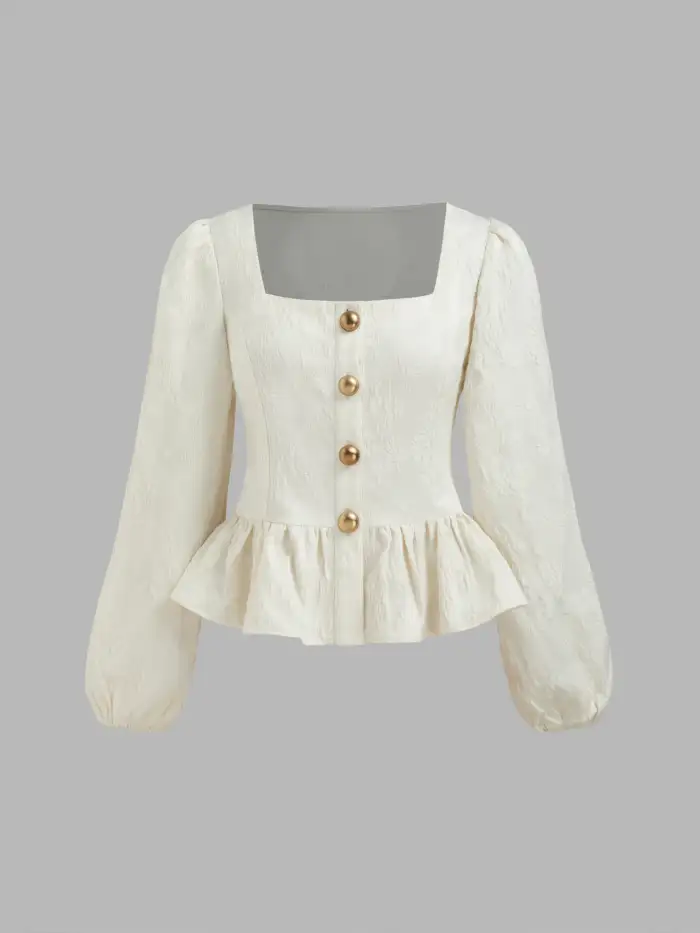 Woven Square Neck Floral Button Ruffle Hem Long Sleeve Blouse For