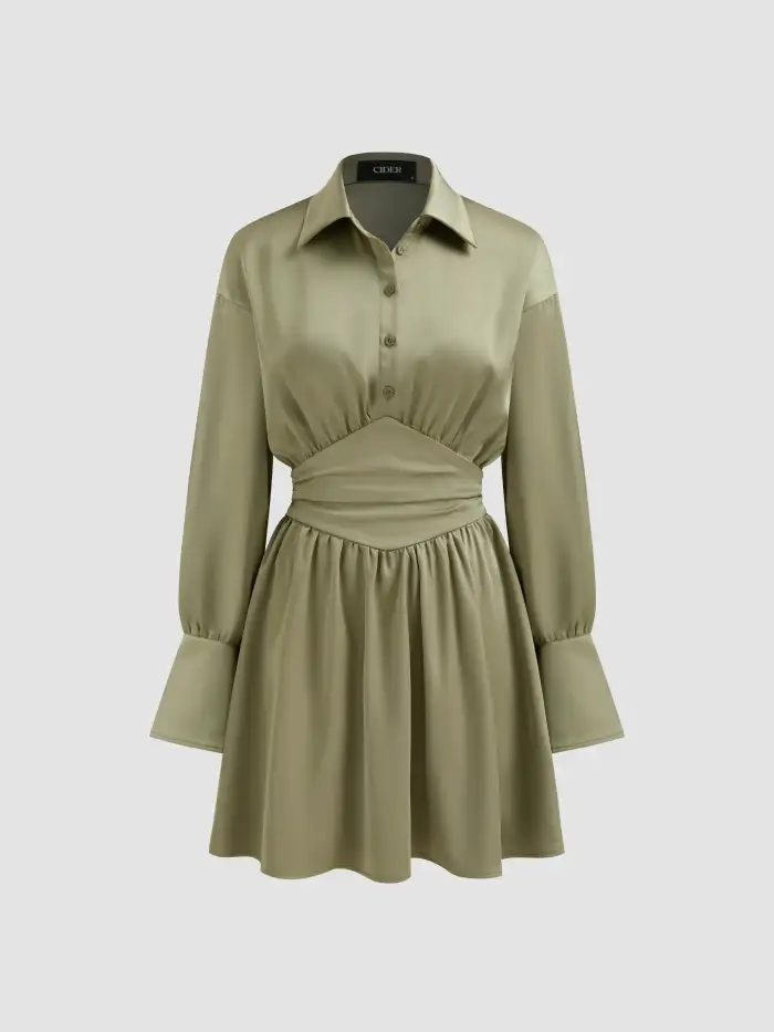 Valentine Satin Satin Collar Solid Ruched Button Ruffle Mini Shirt Dress  For Work Holiday