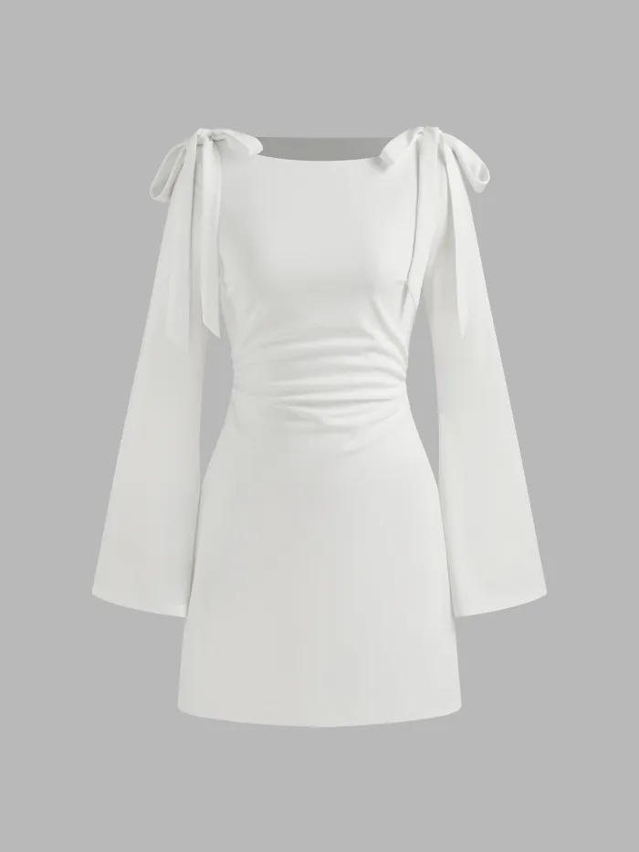 Satin Square Neck Solid Ruffle Knotted Mini Dress