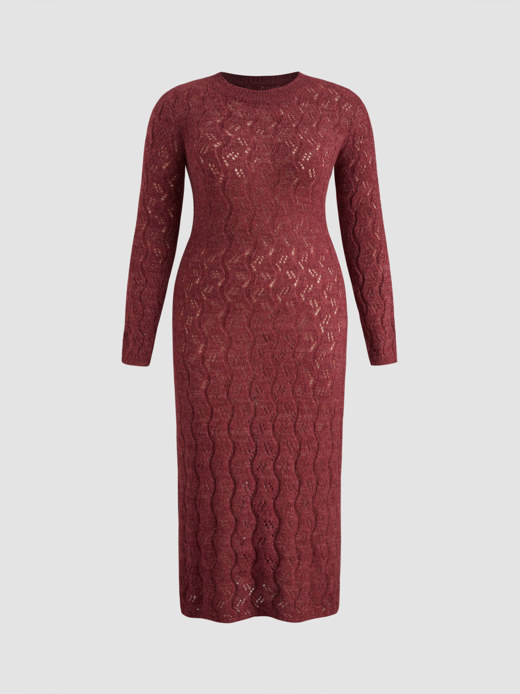 Wollmischung Rundhalsausschnitt Einfarbig Hohles Strick-Maxikleid Kurve & Plus