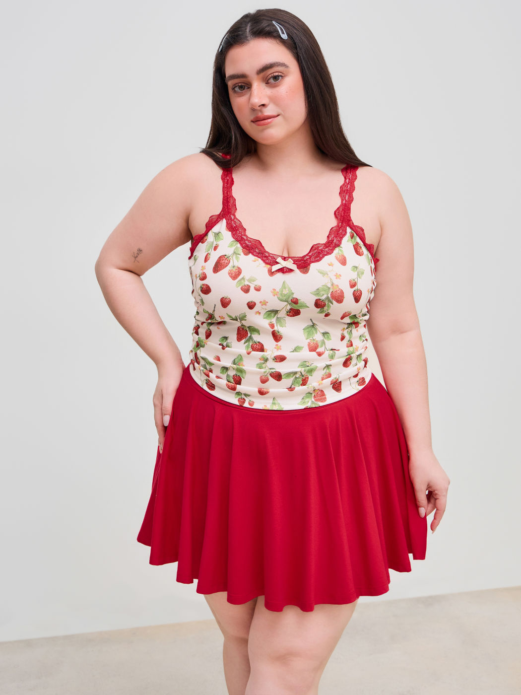U-neckline Strawberry Graphic Lace Bowknot Ruched Crop Cami Top & Mid Rise Ruffle Mini Skirt Curve & Plus