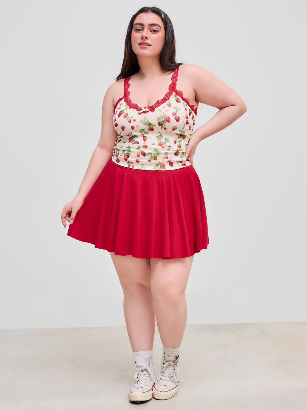 U-neckline Strawberry Graphic Lace Bowknot Ruched Crop Cami Top & Mid Rise Ruffle Mini Skirt Curve & Plus