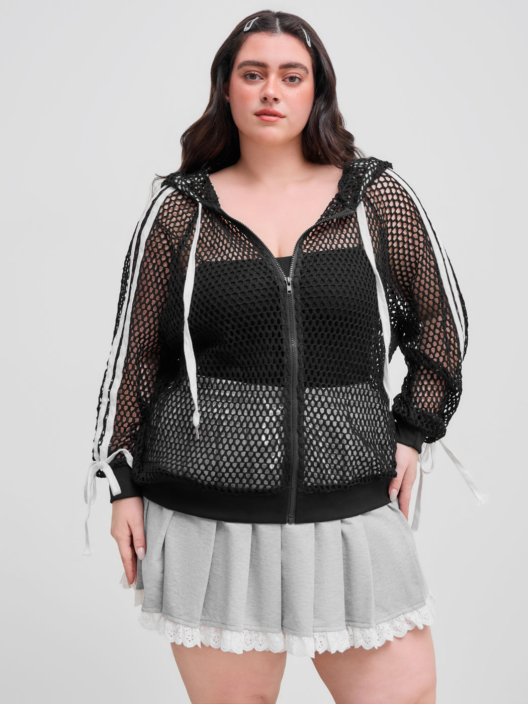 100% Cotton Hollow Out Knotted See-through Zipper Oversized Jacket.Curve & Plus