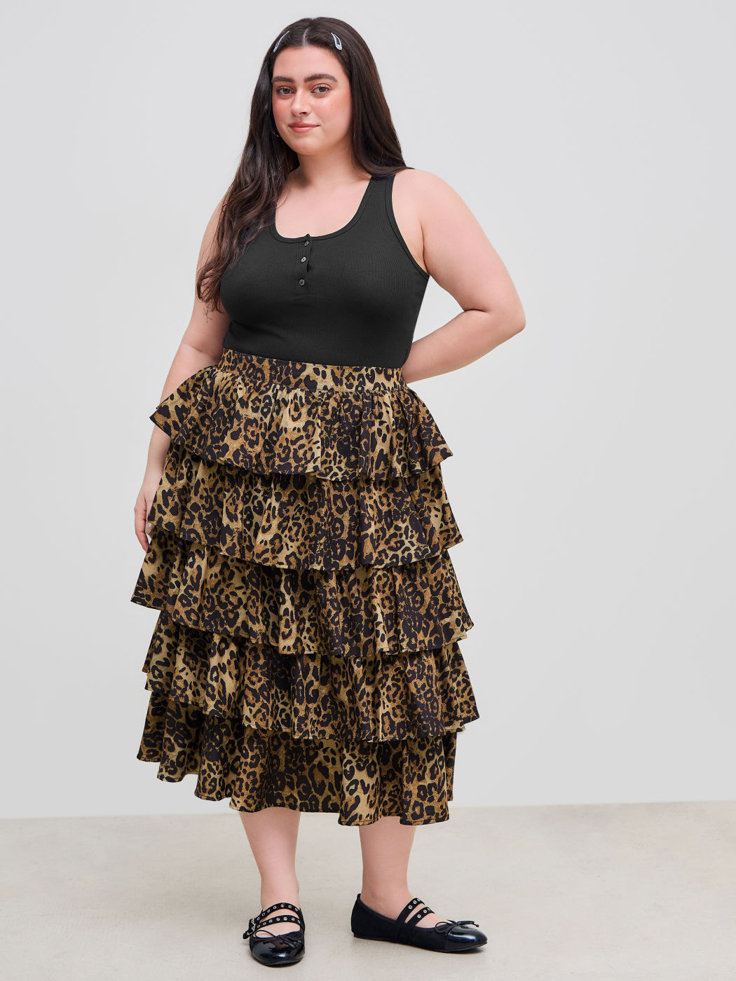 Mittlerer Bund, Leopardmuster, geschichtete Rüschen Midiskirt Kurve & Plus